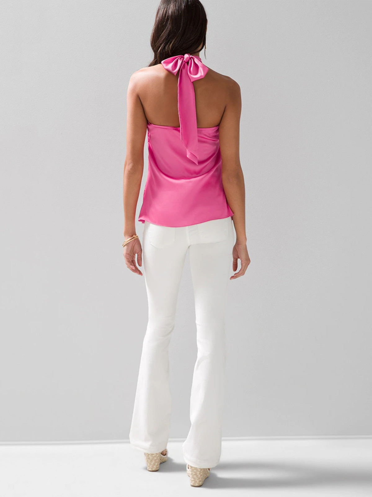 Solid Satin Halter Keyhole Top