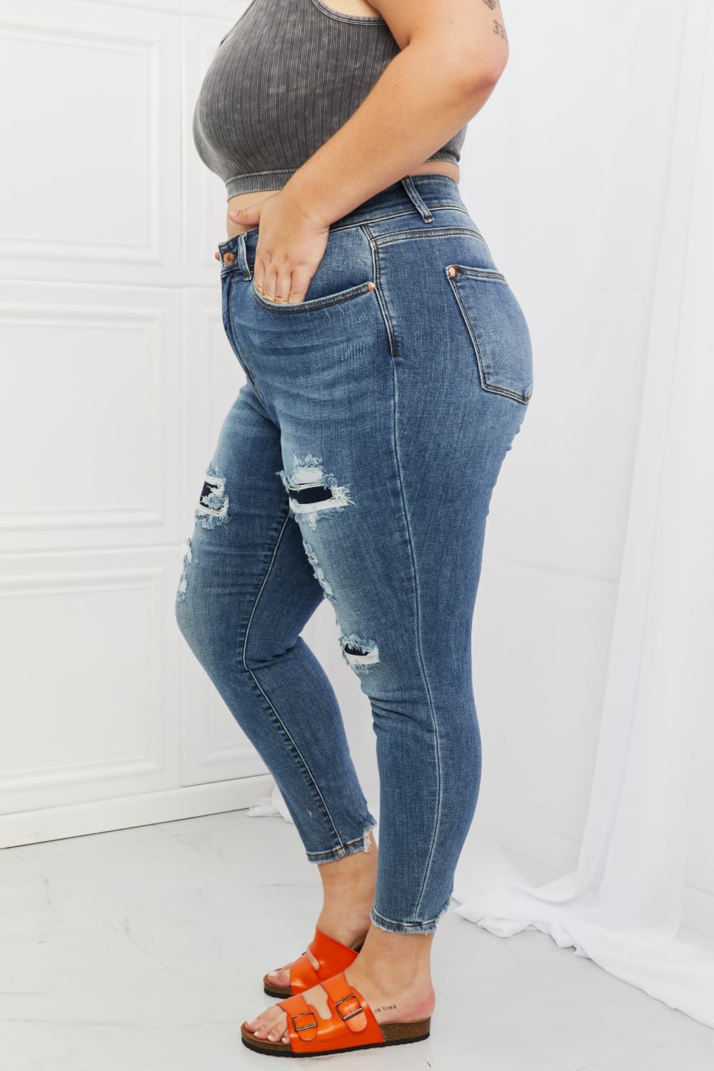 Full Size Distressed Patch Jeans