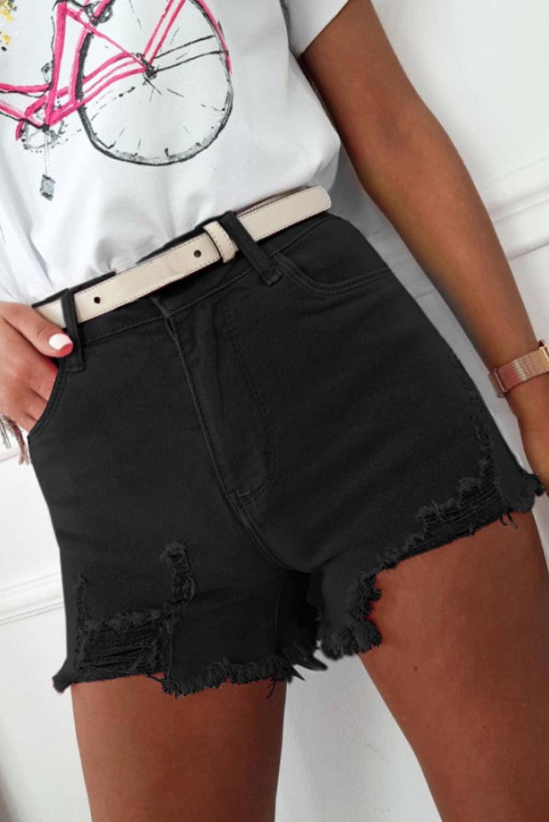 Solid Color Cut Out Distressed Denim Shorts