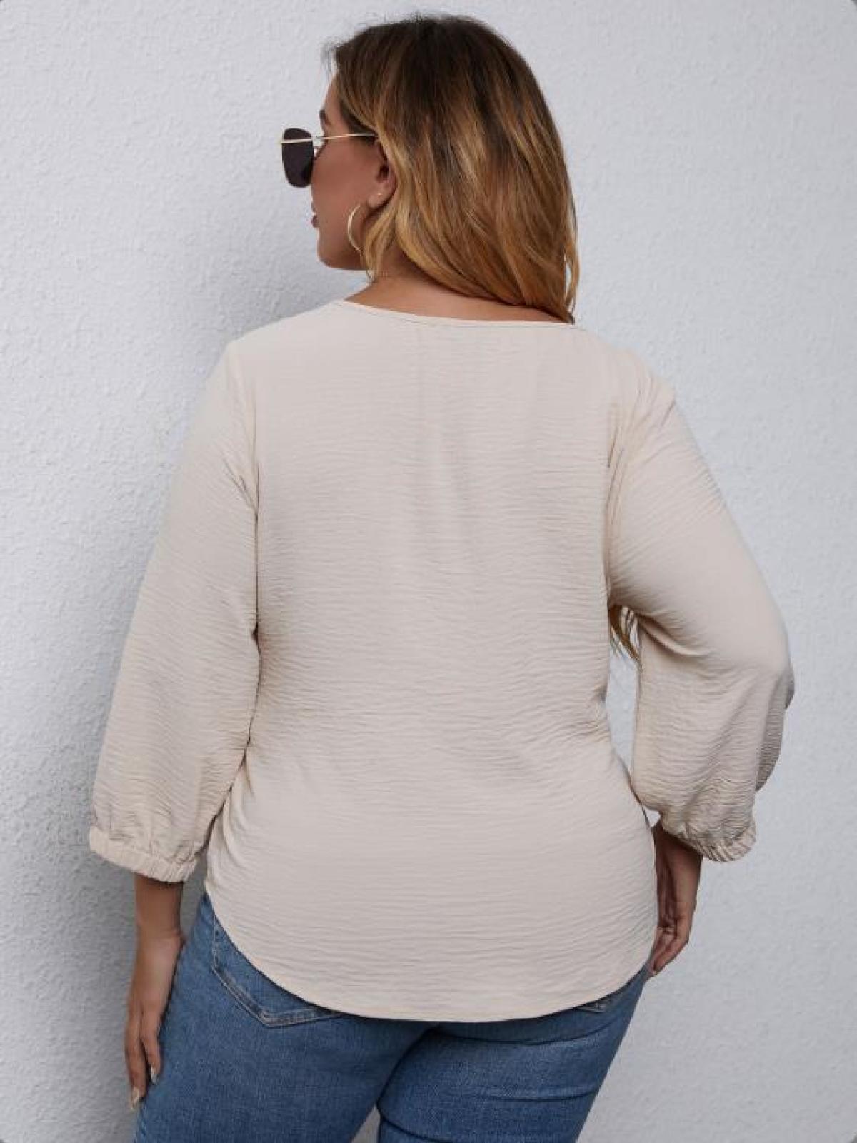 Plus Size Apricot Round Neck Regular Sleeve Tie Waist Blouse