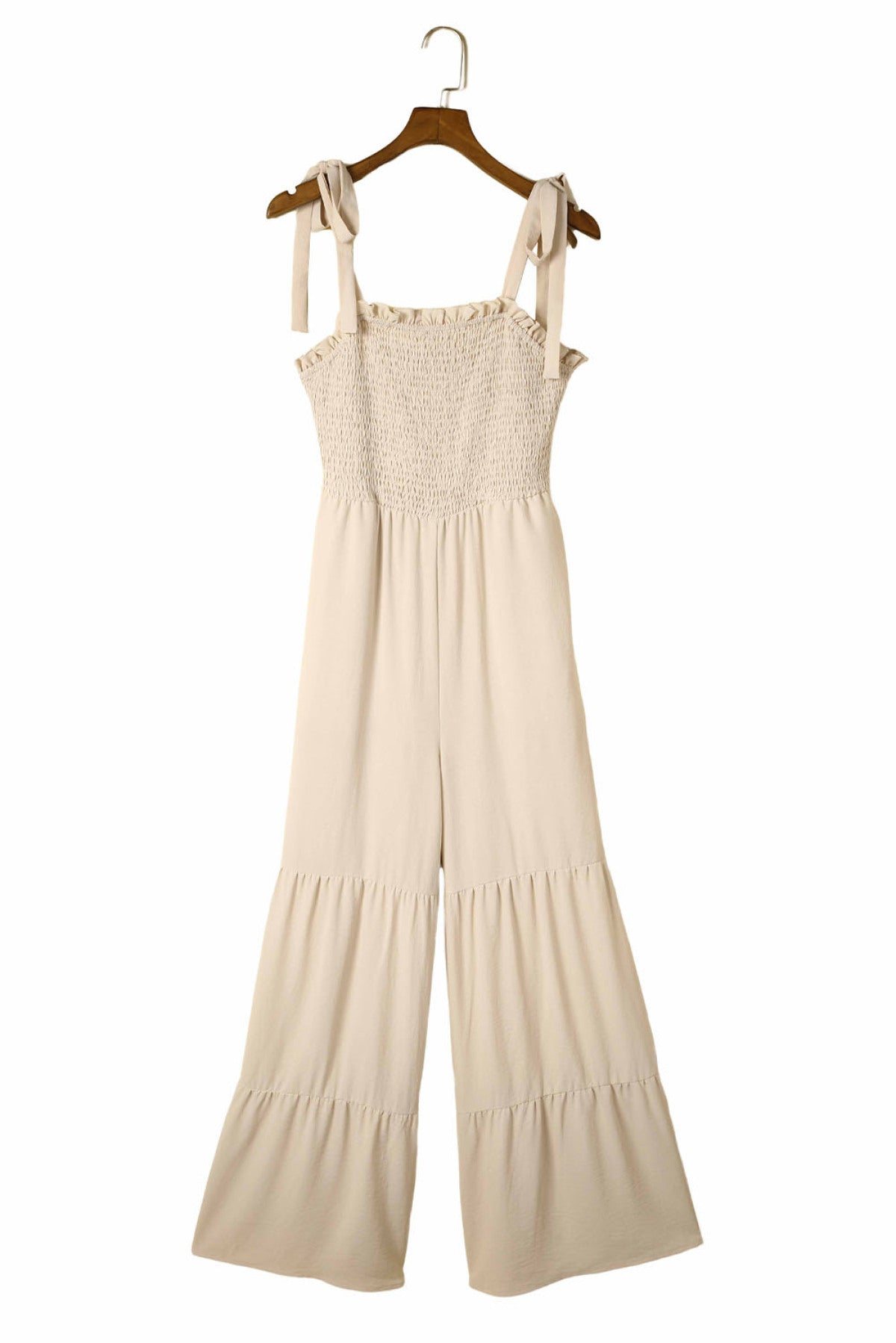 Tie Straps Shirred Bodice Tiered Wide Leg Jumpsuit