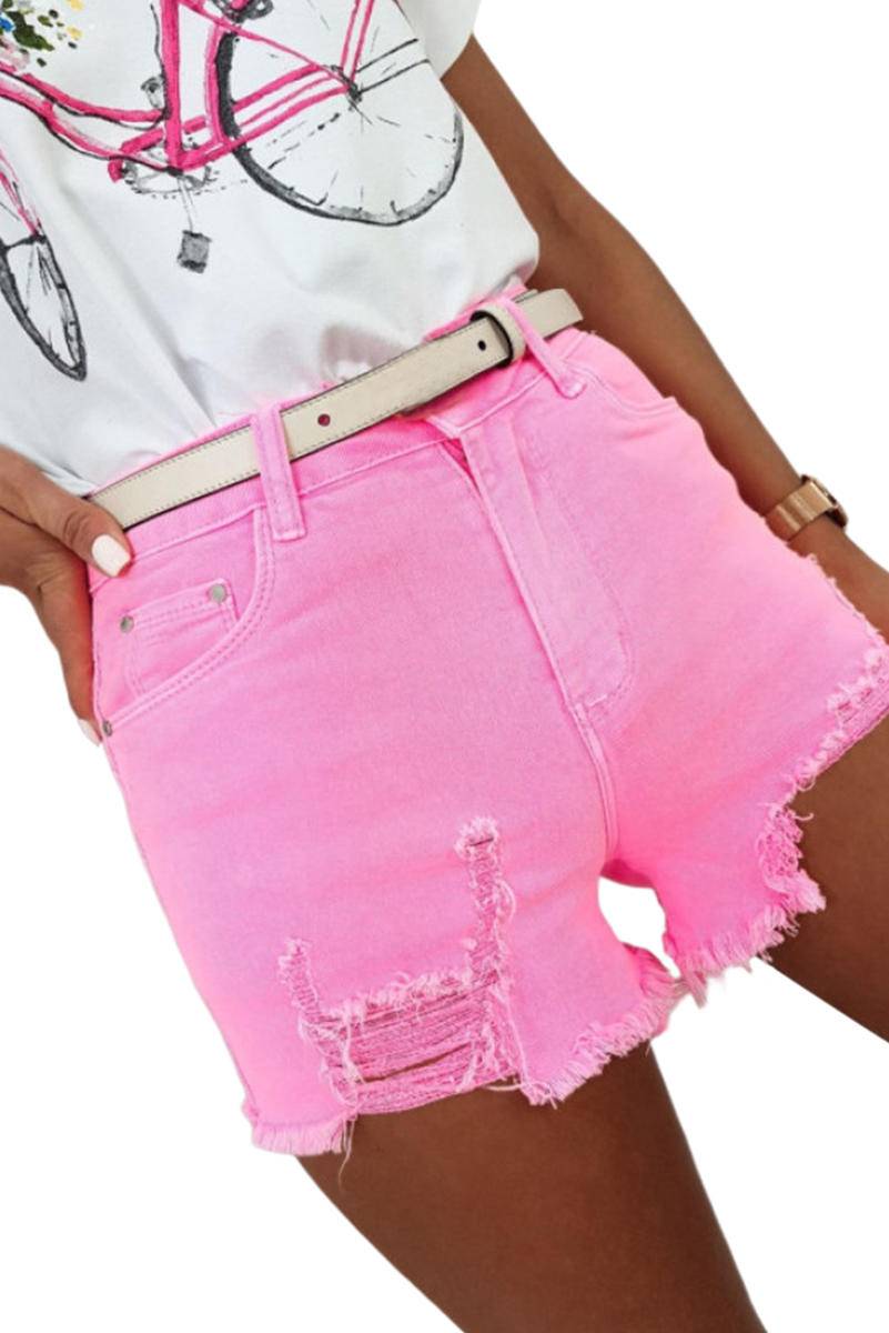 Solid Color Cut Out Distressed Denim Shorts