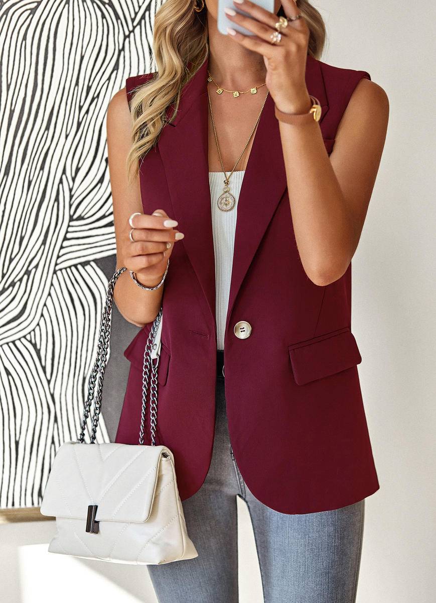 Solid Loose Fit Lapel Single-Breasted Sleeveless Vest