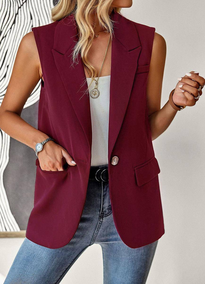 Solid Loose Fit Lapel Single-Breasted Sleeveless Vest