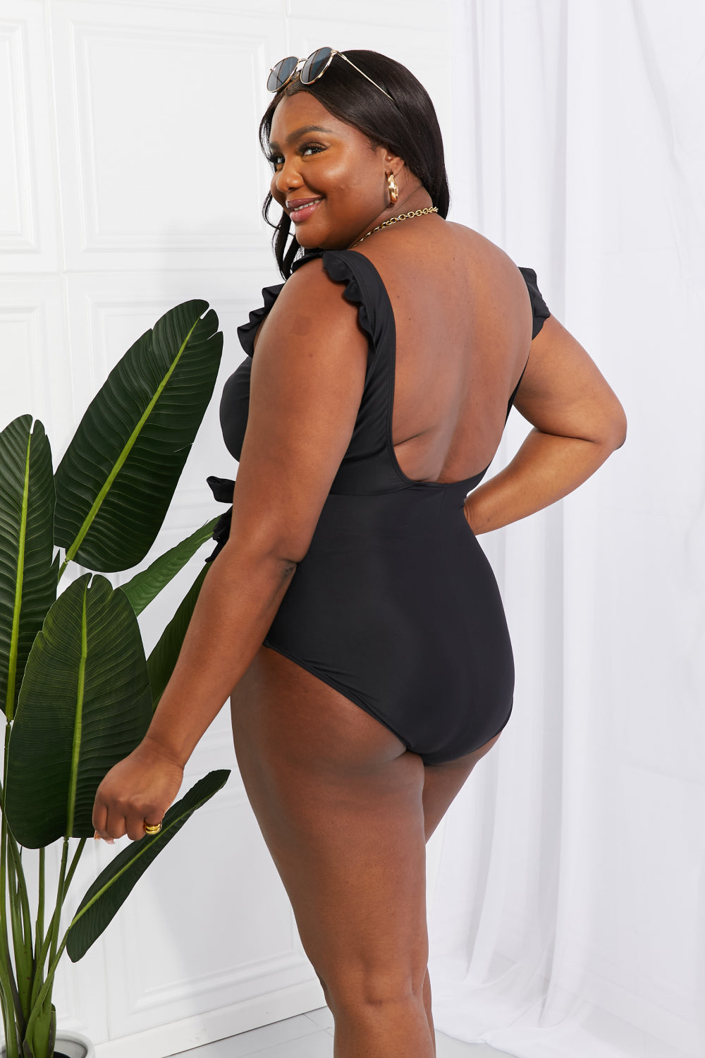 Float On Ruffle Faux Wrap One-Piece in Black