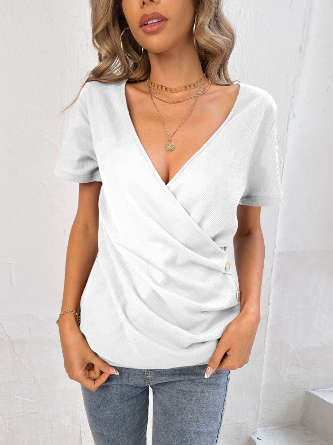 Button Detail Surplice Short Sleeve Tee