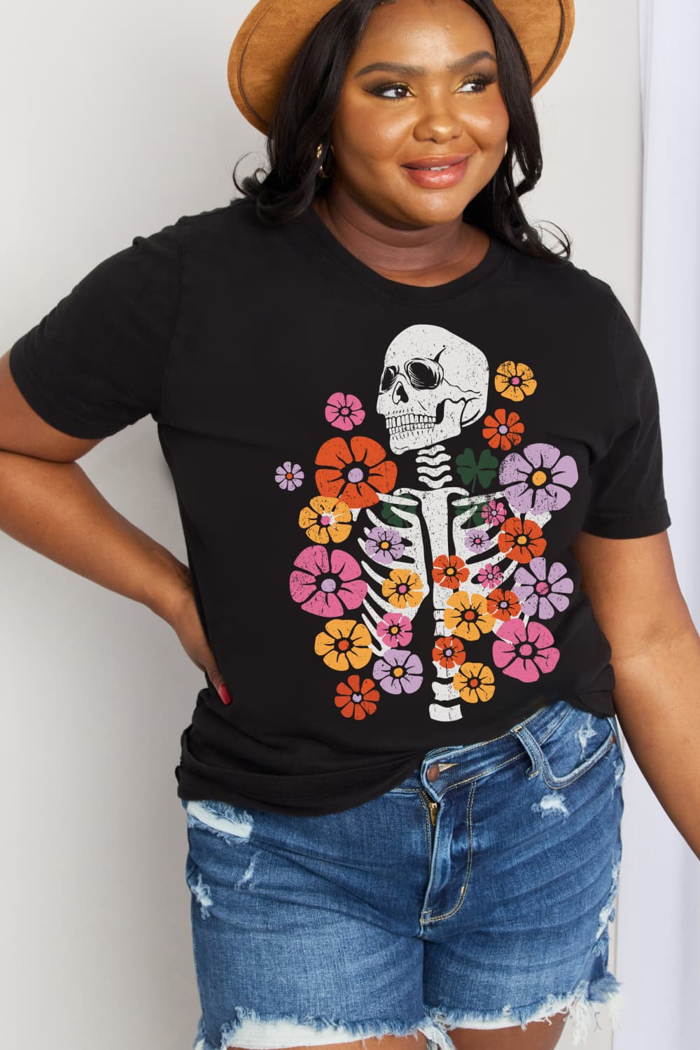 Skeleton & Flower Graphic Cotton Tee