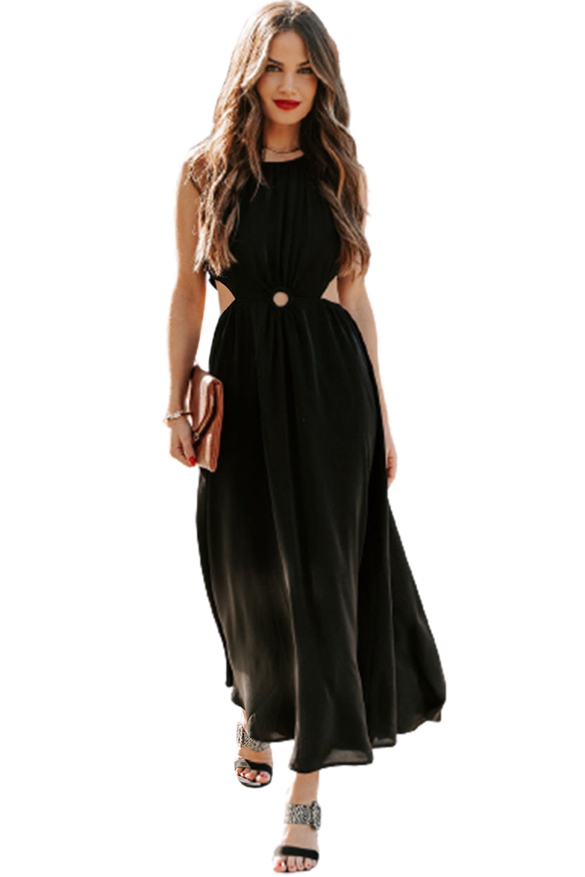 Side Cutout Round Neck Sleeveless Maxi Dress