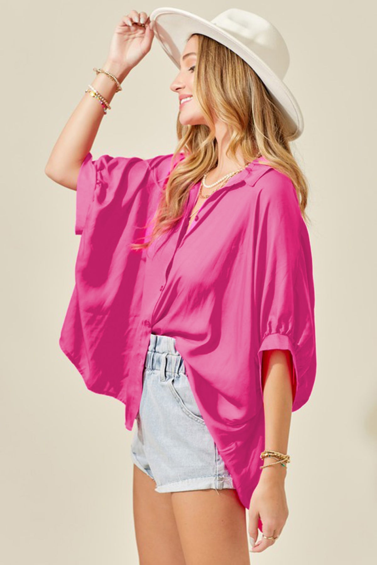 Button Pleated Collar Dolman Shirt