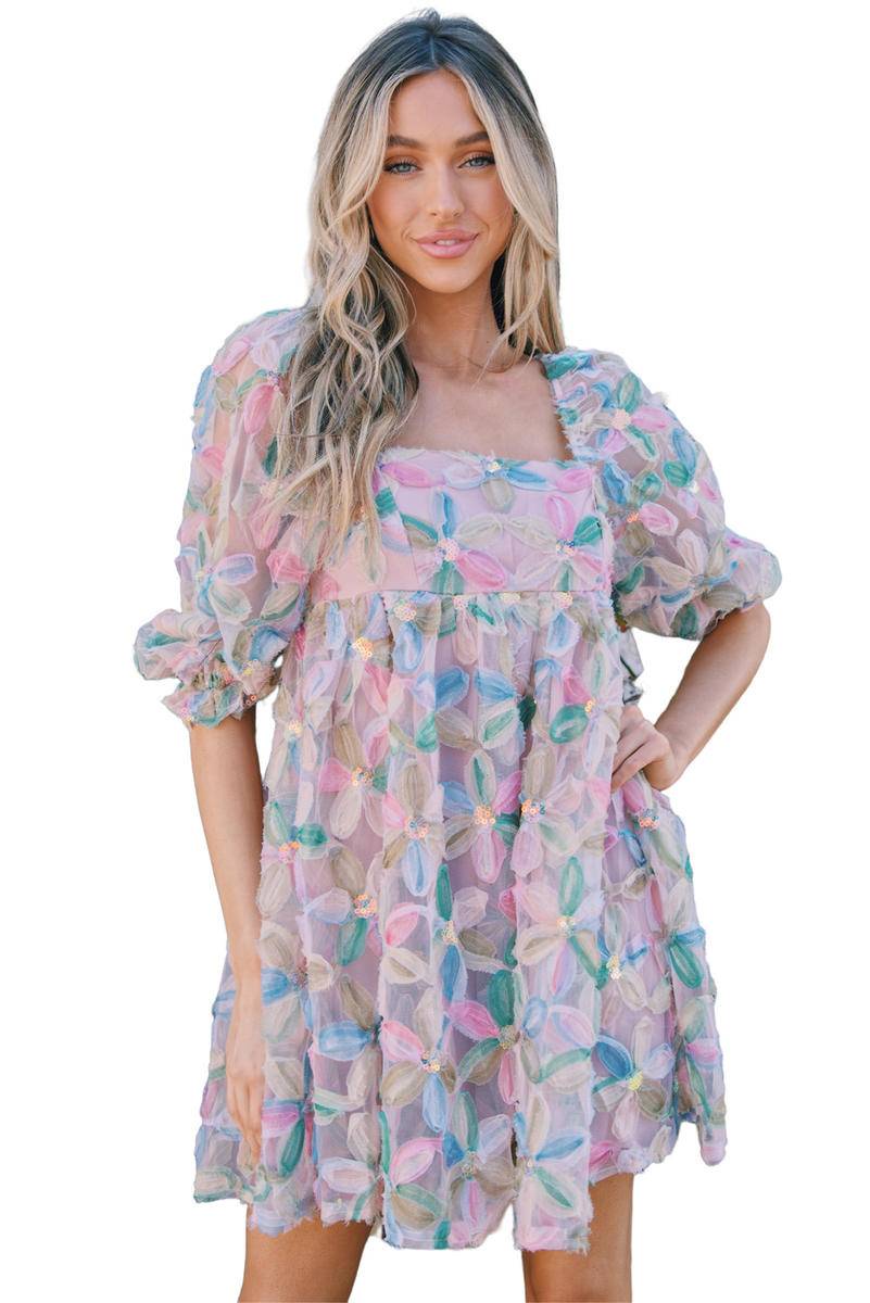 Square Neck Puff Sleeve Sequin Floral Dress