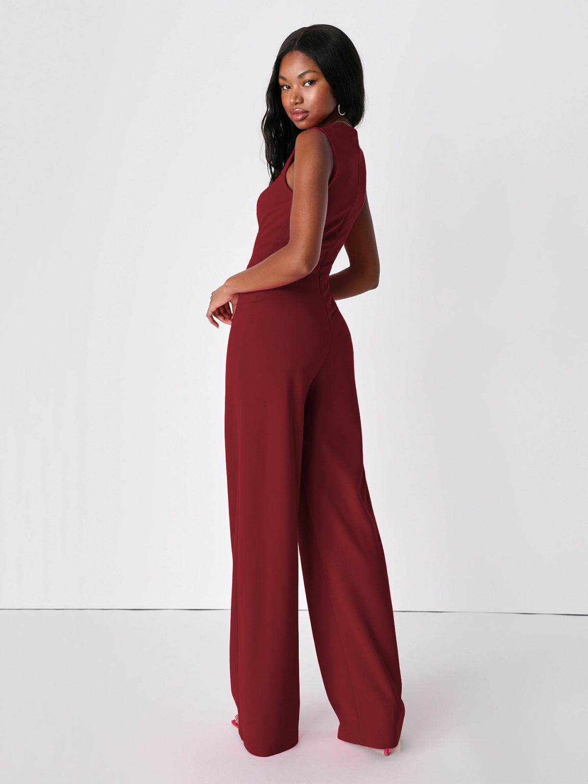 Solid Square Neck Back Zip Up Jumpsuit