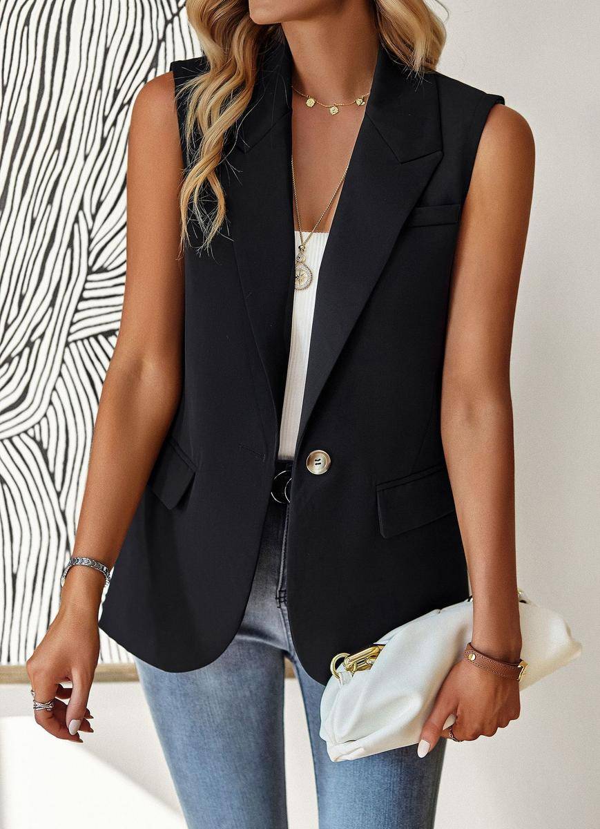 Solid Loose Fit Lapel Single-Breasted Sleeveless Vest