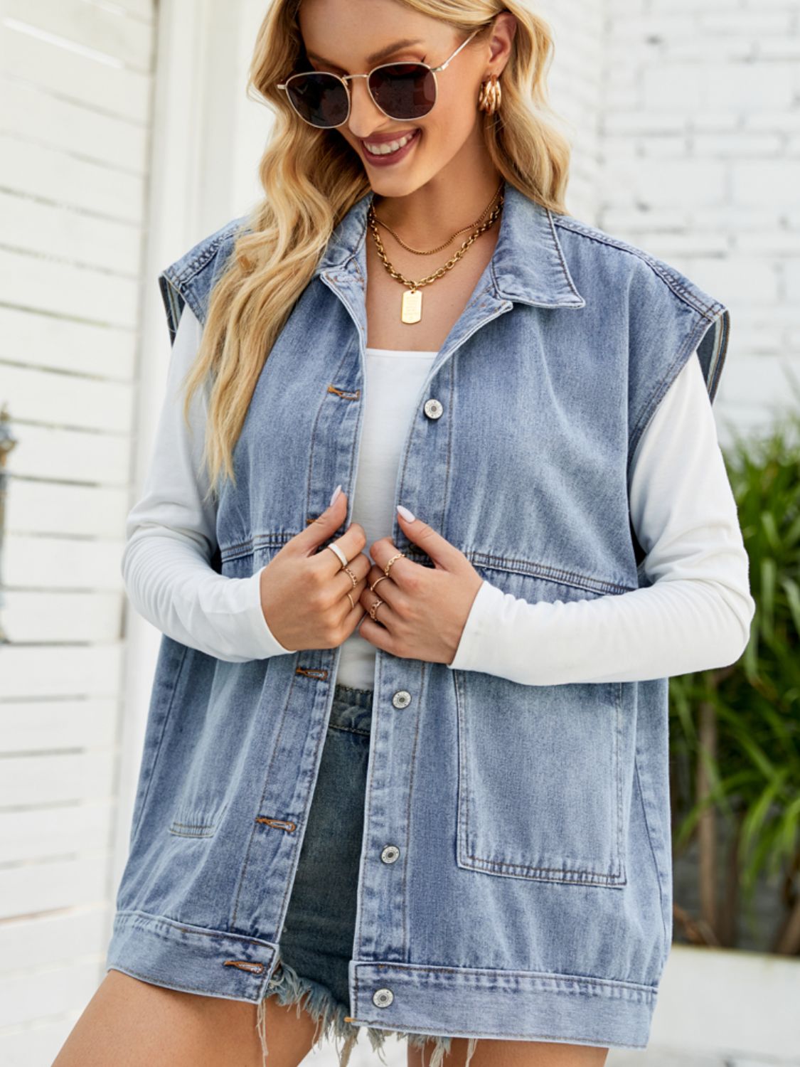 Collared Neck Sleeveless Denim Top with Pockets