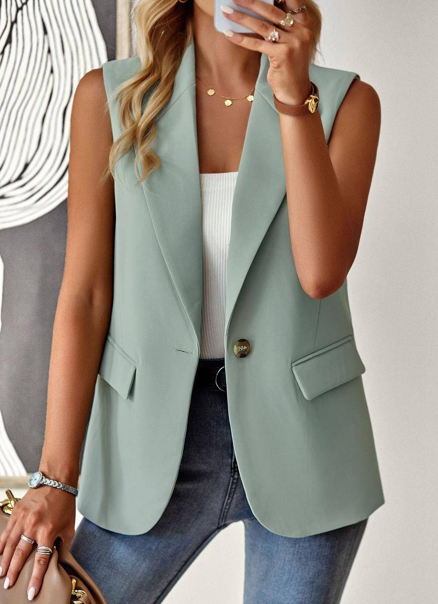 Solid Loose Fit Lapel Single-Breasted Sleeveless Vest