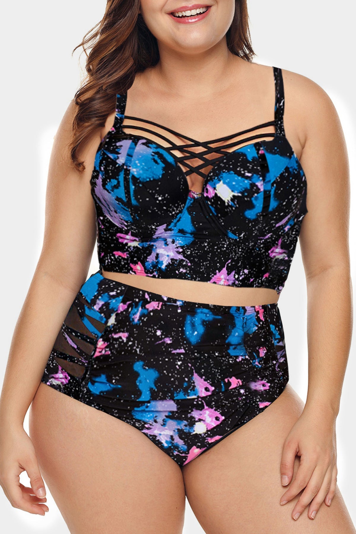 Stylish Print Strappy Push Up Balconette Plus Size Bikini