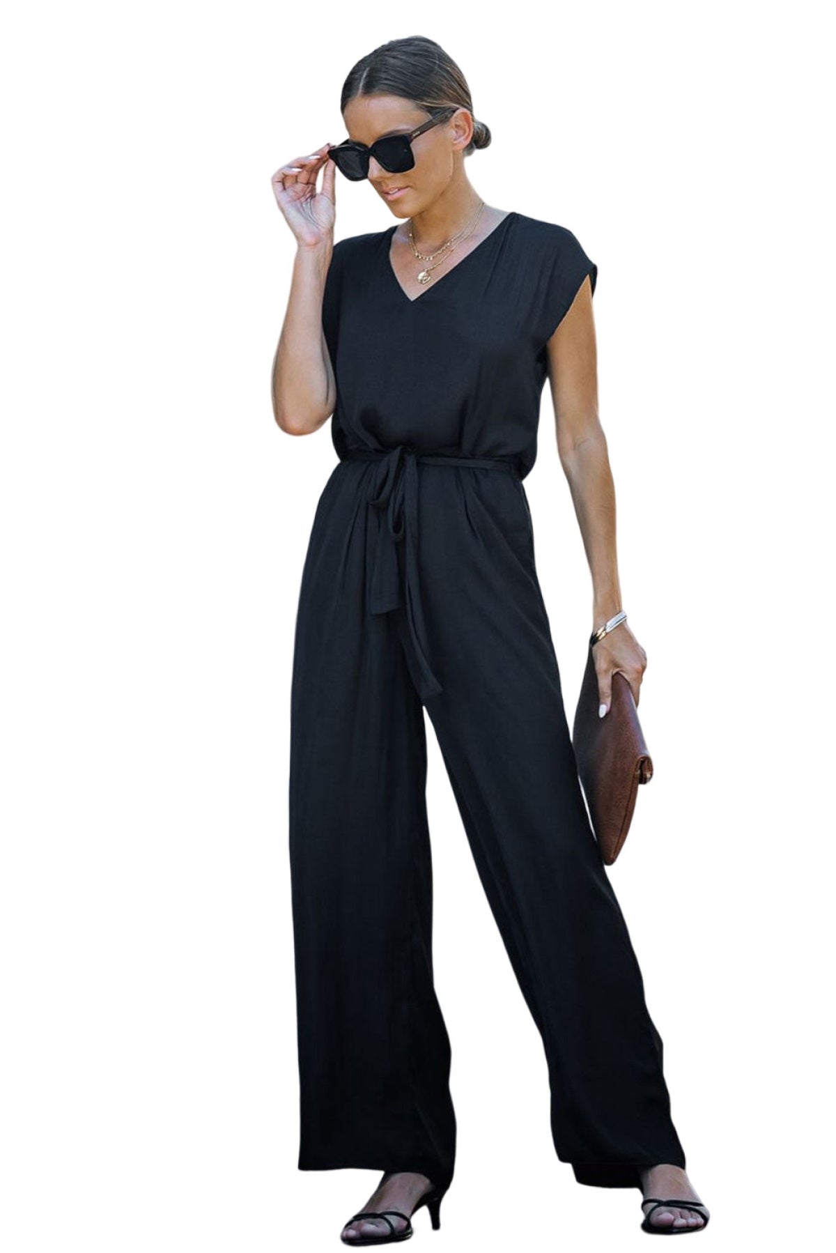 Black Sleeveless V Neck Belted Wide Leg Jumpsuit