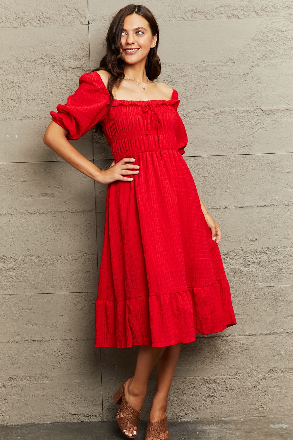 Ruffle Trim Square Neck Midi Dress