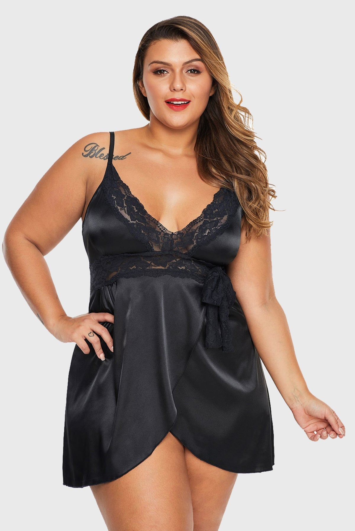 Black Lace V Neckline Plus Size Babydoll