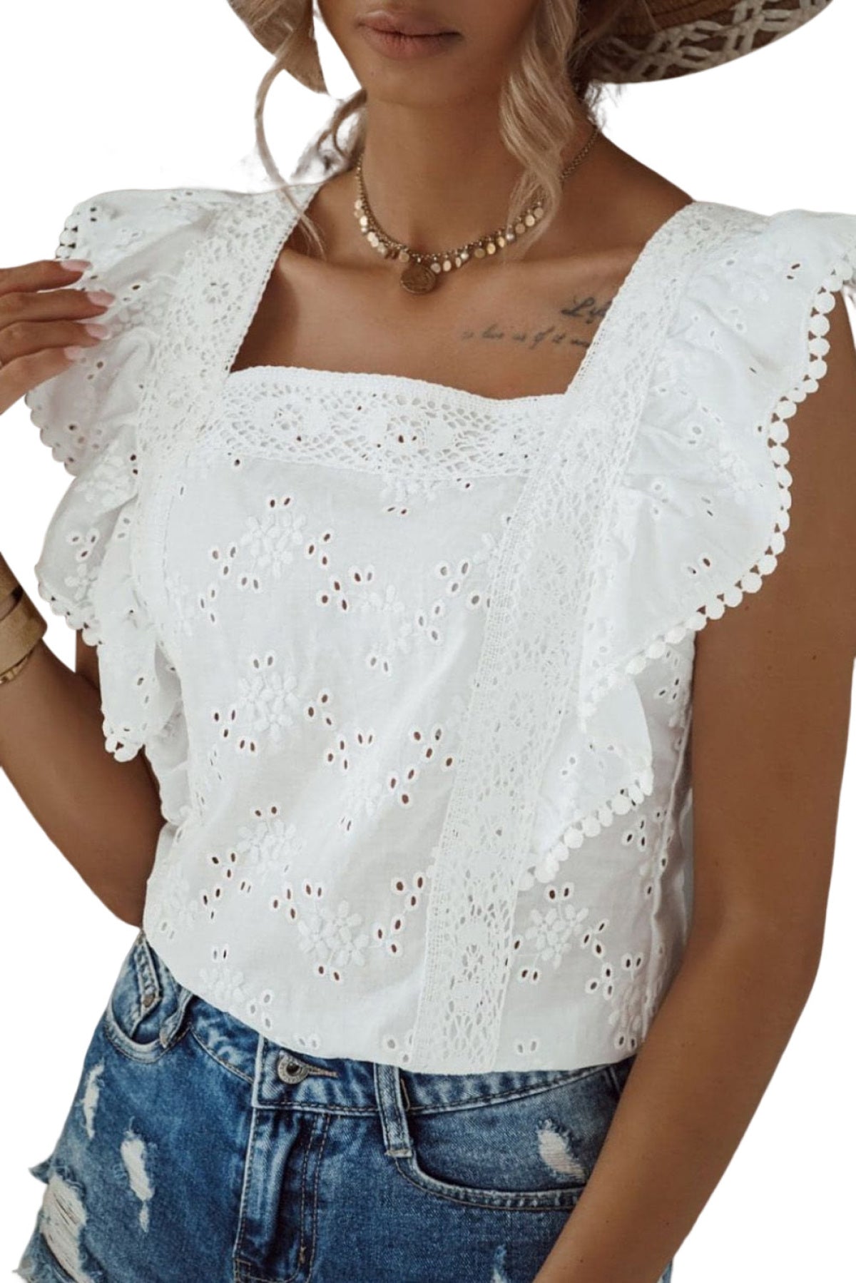 Square Neck Ruffle Sleeve Blouse