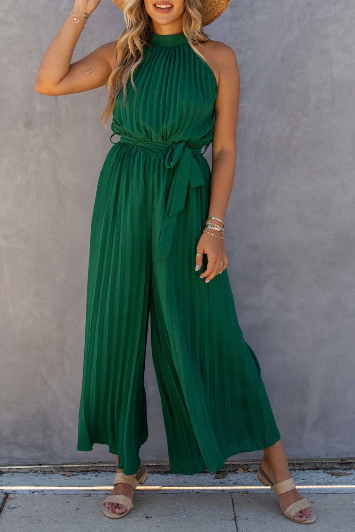 Pleated Wide Leg Jumpsuit With Belt