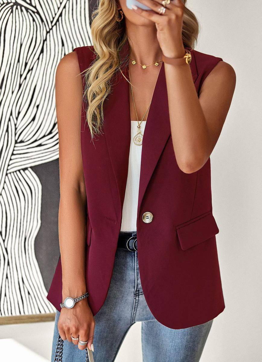 Solid Loose Fit Lapel Single-Breasted Sleeveless Vest