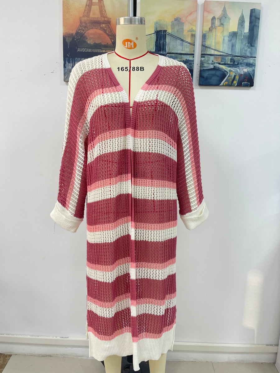 Striped Cuff Long Sleeve Mid-Length Kimono