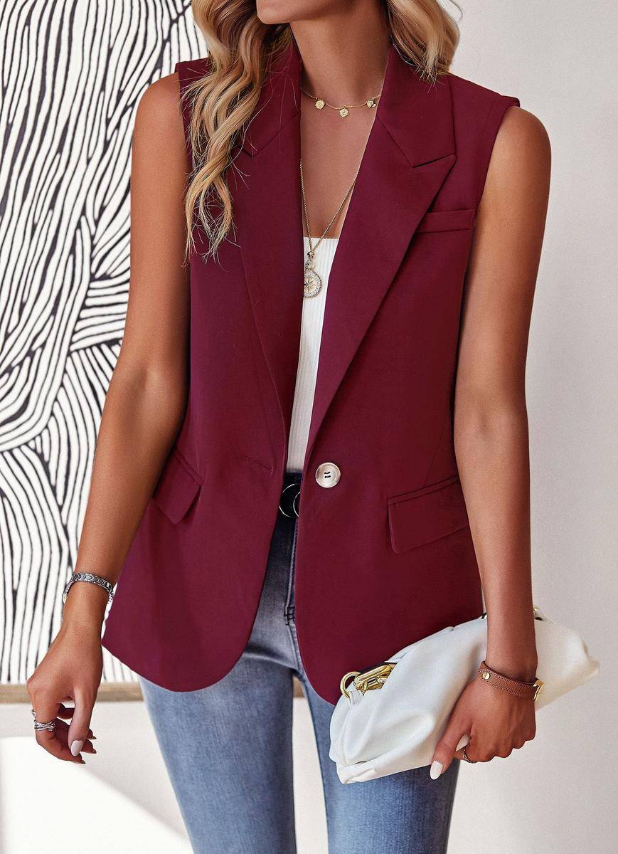 Solid Loose Fit Lapel Single-Breasted Sleeveless Vest