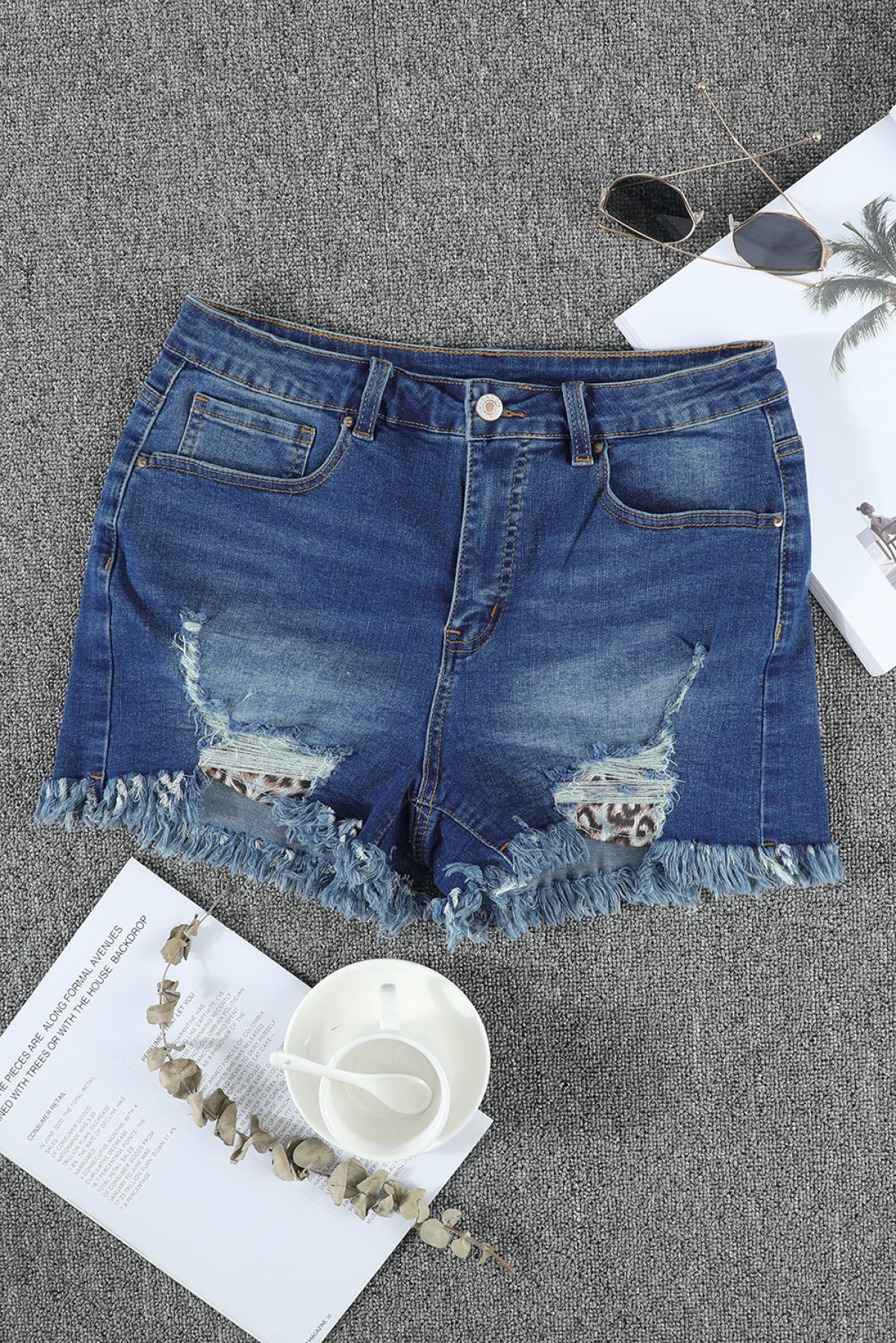 Leopard Pocket Low Rise Distresses Denim Shorts