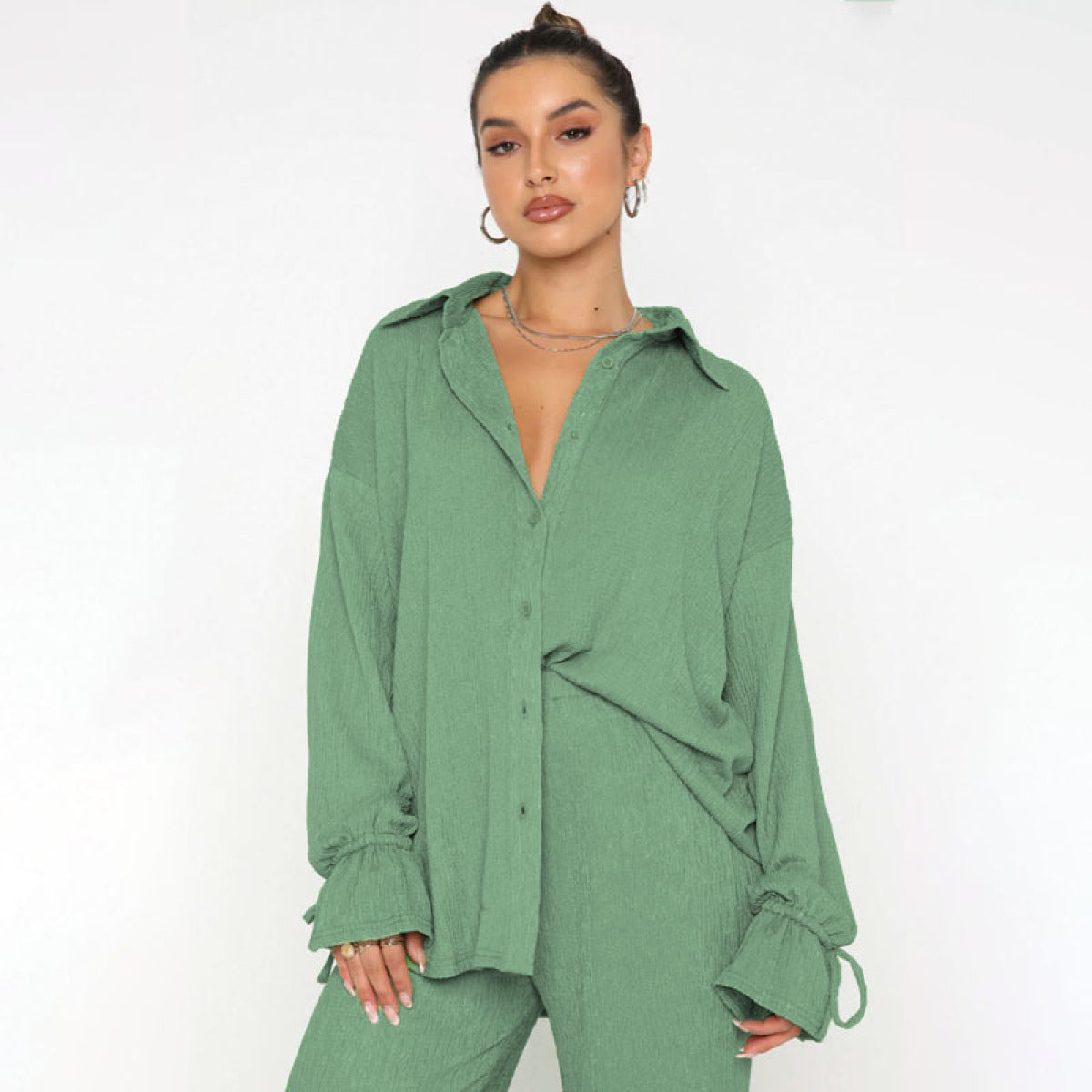 Single-Breasted Balloon Long-Sleeved Blouses & Slit Pants Sets