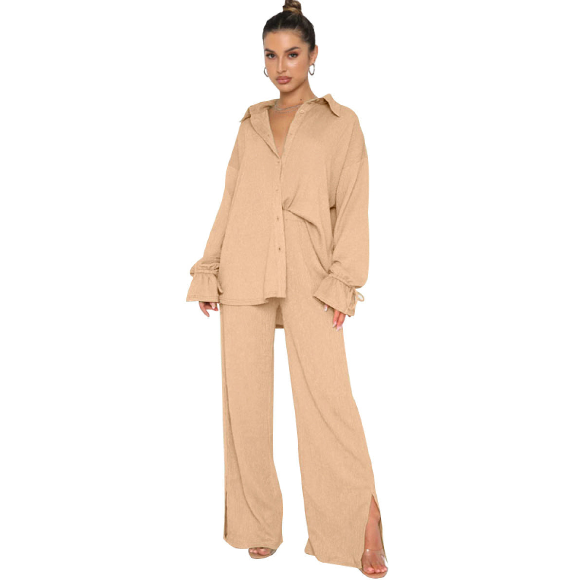 Single-Breasted Balloon Long-Sleeved Blouses & Slit Pants Sets