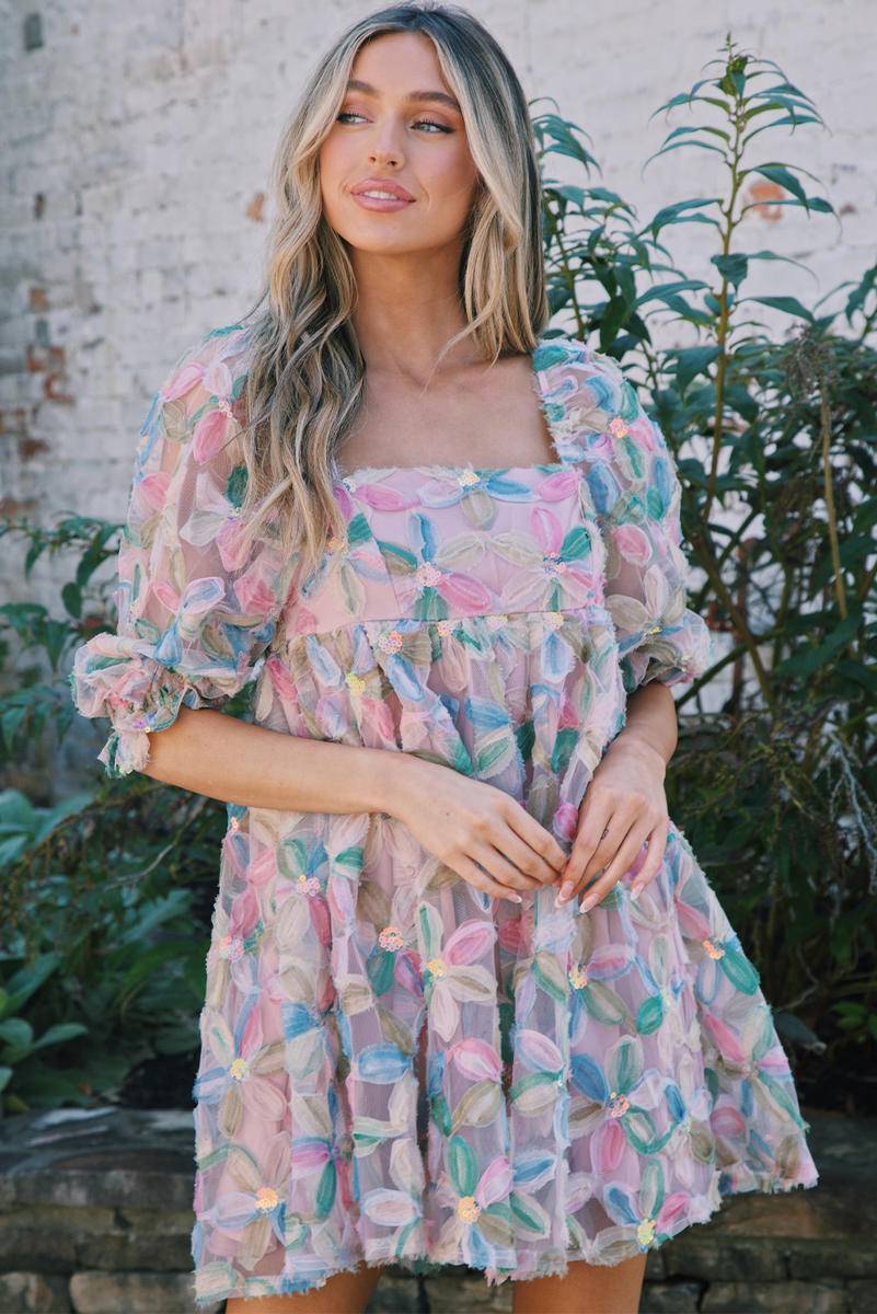 Square Neck Puff Sleeve Sequin Floral Dress