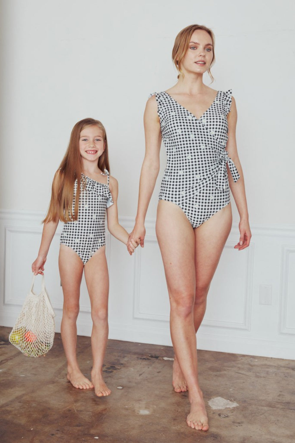 Float On Mommy & Me Ruffle Faux Wrap One-Piece in Gingham Daisy Black