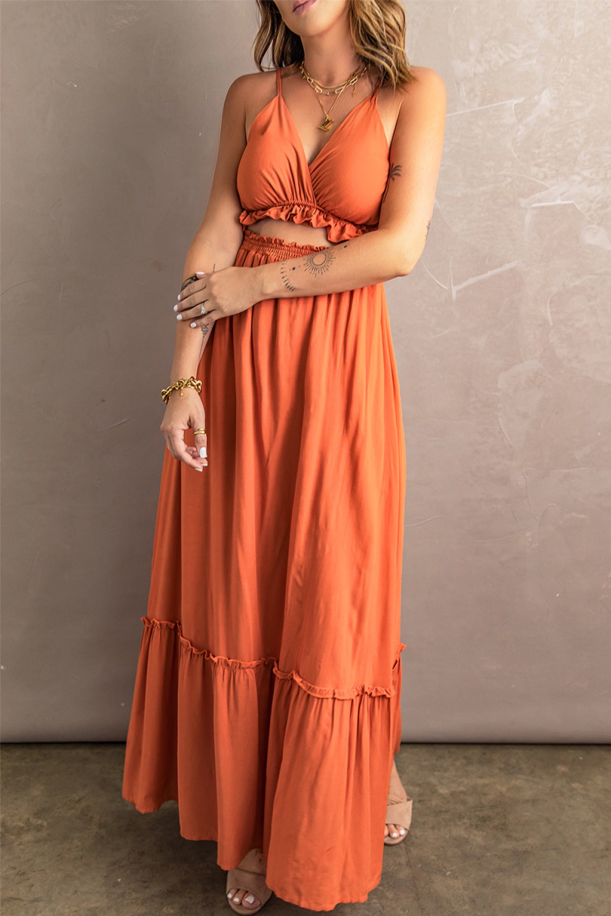 Ruffled Cut-Out Spaghetti Strap Sleeveless Long Dress