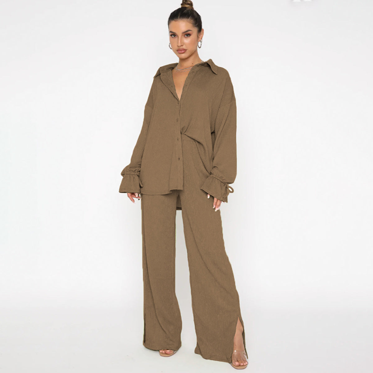 Single-Breasted Balloon Long-Sleeved Blouses & Slit Pants Sets