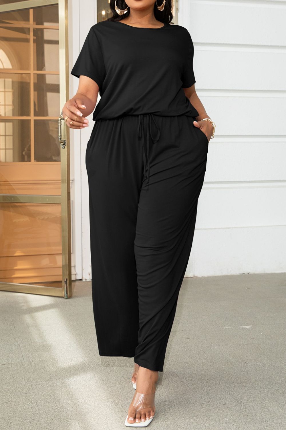 Plus Size Drawstring Waist Short Sleeve Jumpsuit