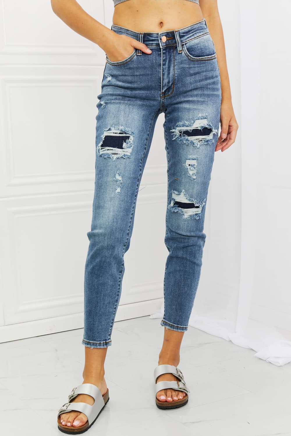 Full Size Distressed Patch Jeans